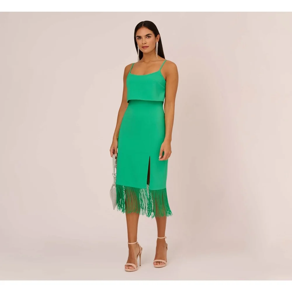 Women's Adrianna Papell Green Fringe Midi Dress Size 2 - Picture 1 of 8